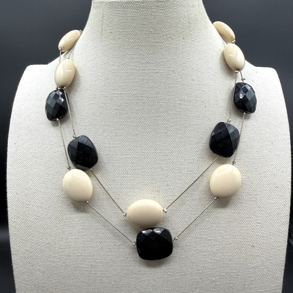 Black Ivory Beaded Double Strand Statement Necklace Faceted Silver Tone Fashion